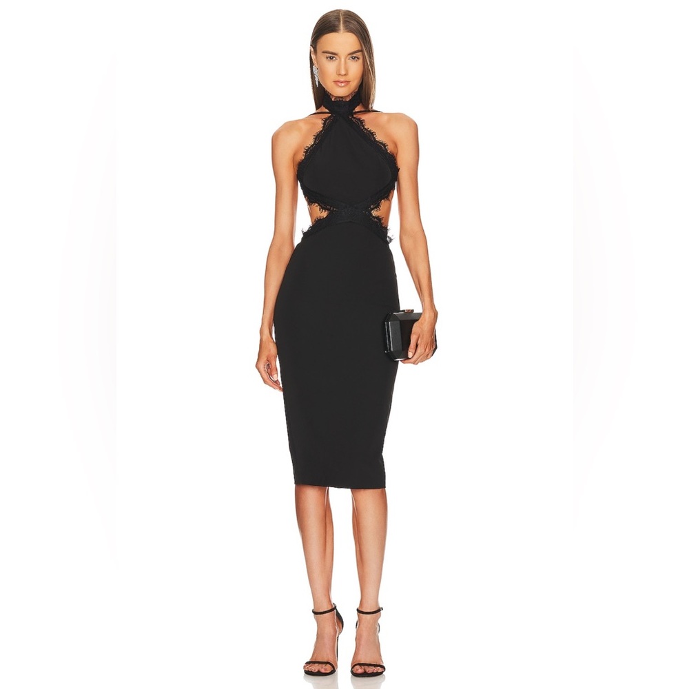 Michael Costello Black Mockneck Cut Out Bodice Lace Trim Midi Dress - Small